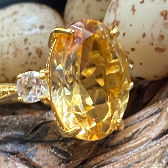 Large Real Citrine Faceted Oval & Topaz Ring Gold over 925 Silver Vermeil Size 7 - Picture 8 of 14